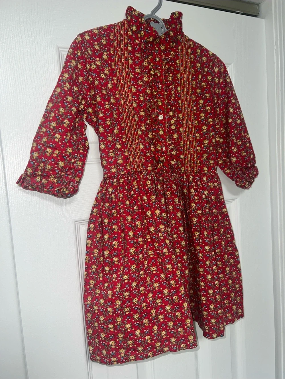 Vintage 70s Cinderella Girls Size 7 Red Floral Prairie Dress Ruffle